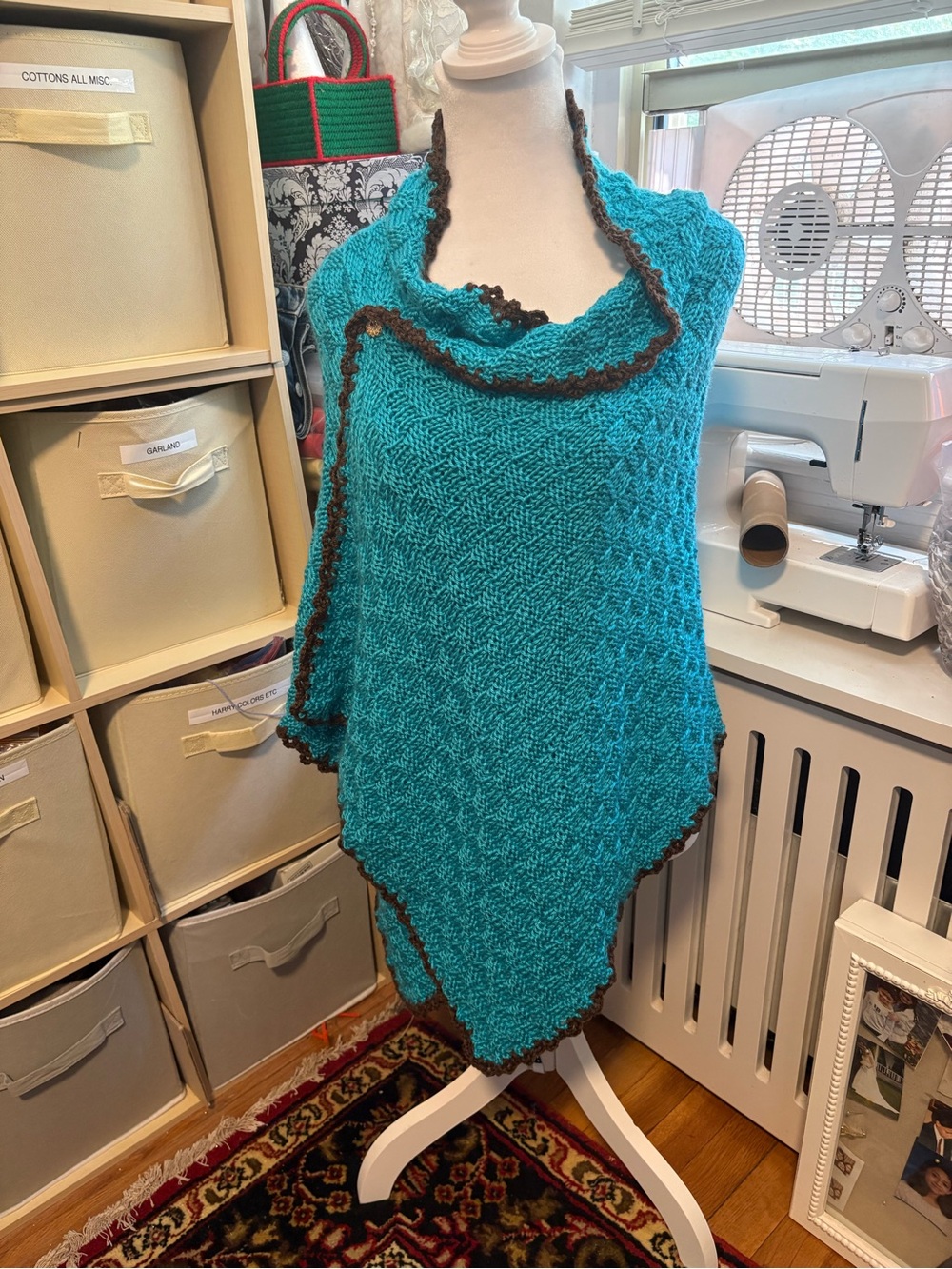 Handmade Teal Knit Shawl with Brown Trim